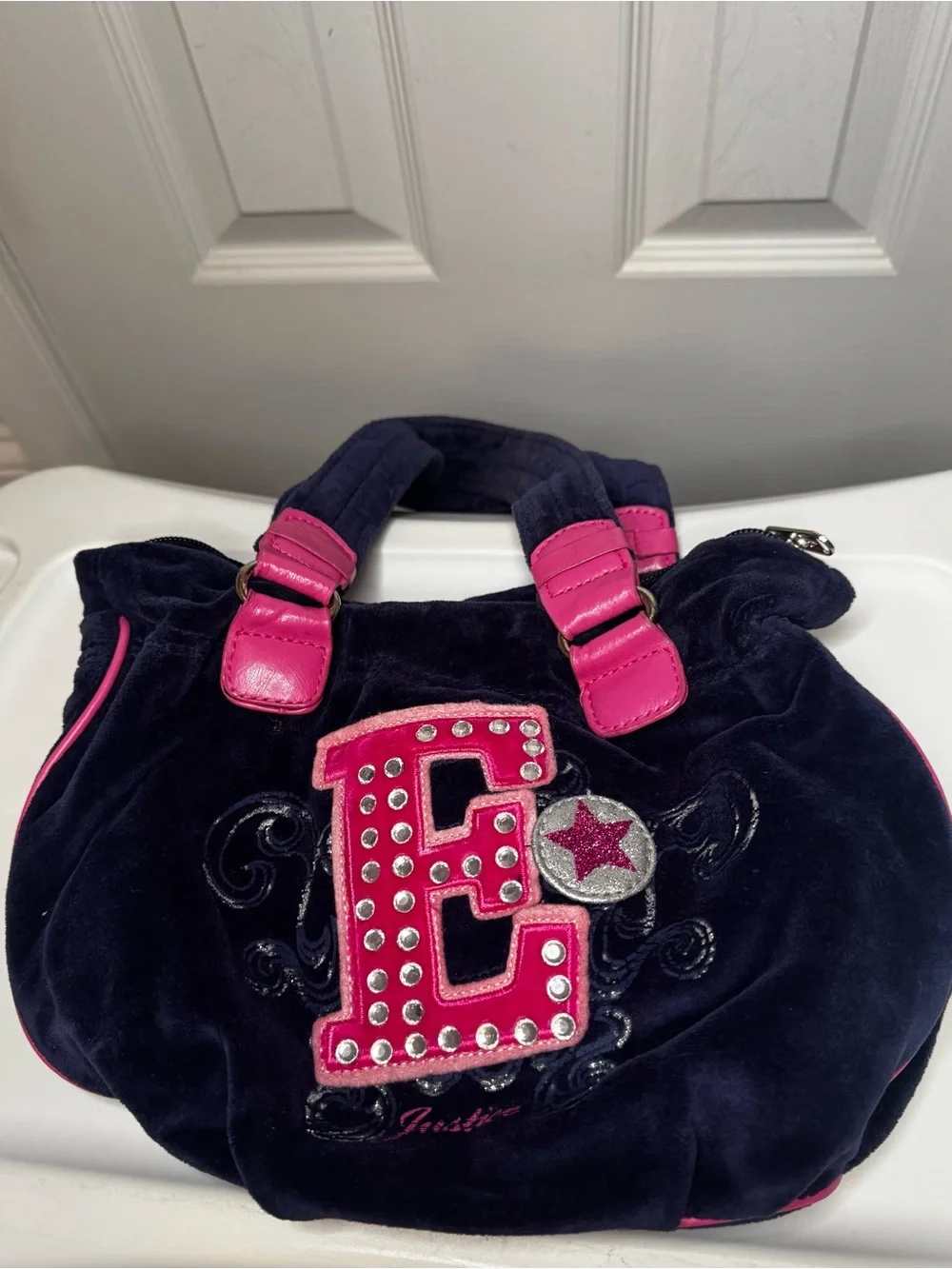 “E” Vintage Justice Navy Blue Velvet bag WITH wallet included